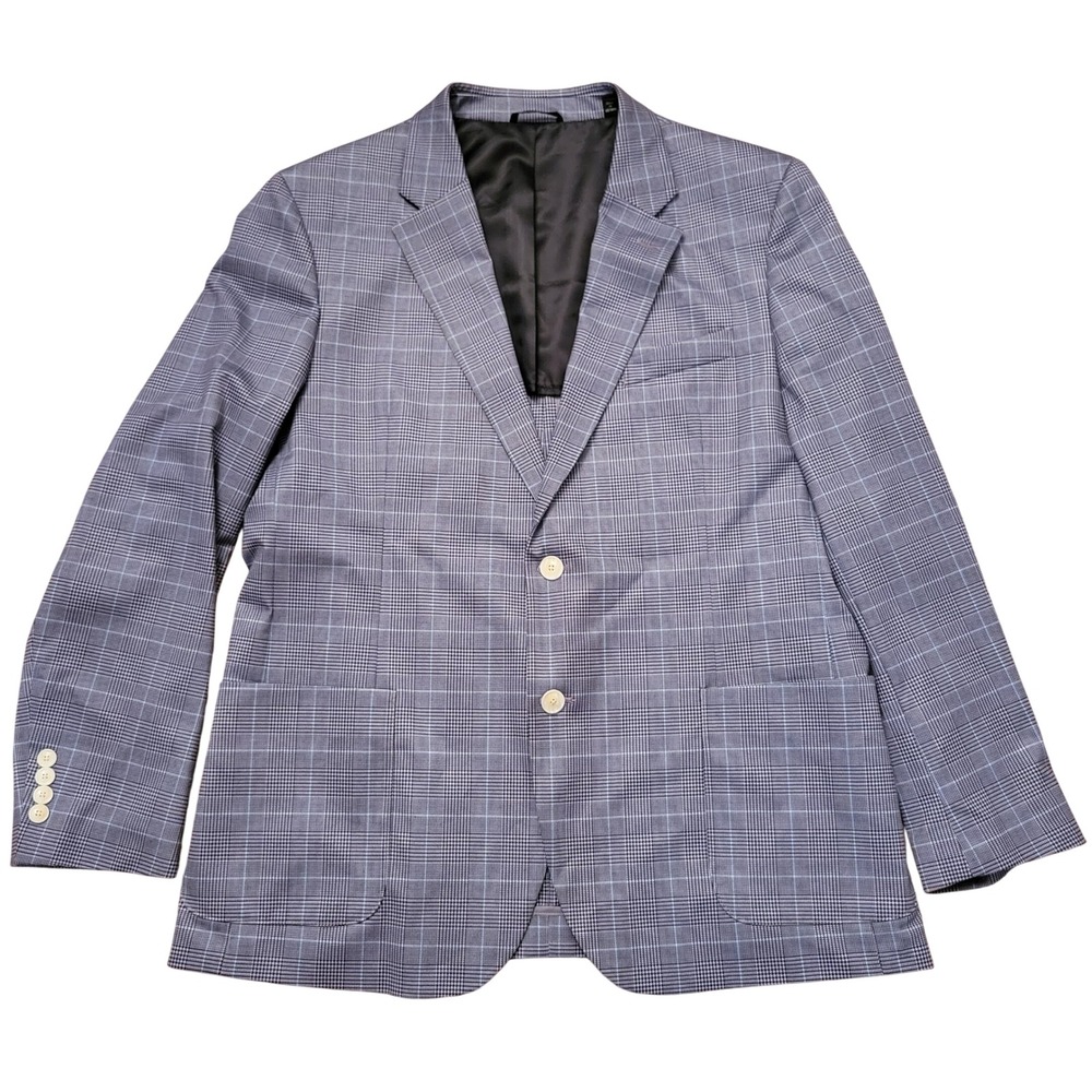 Michael Strahan L Blazer Blue Grey Glen Plaid‎ Stretch Modern Sport Coat Jacket